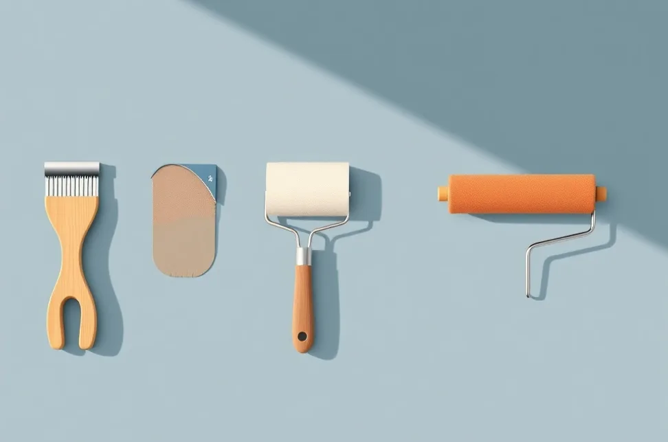Outils de peinture disposés dans l'ordre des étapes du chantier