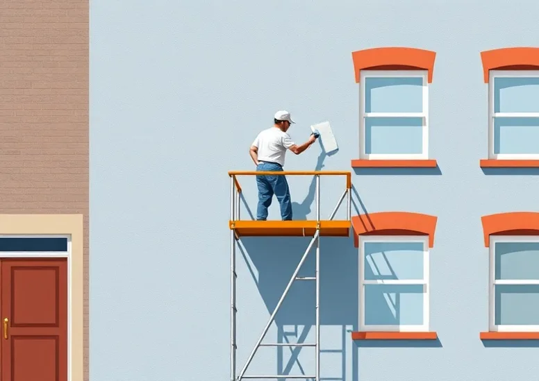 Peintre sur échafaudage traitant la façade d'une maison
