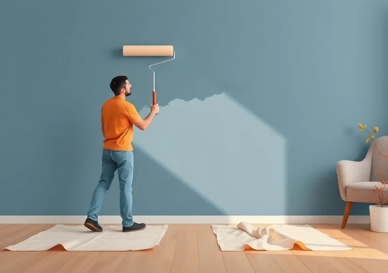 Peintre appliquant la peinture au rouleau sur un mur de salon